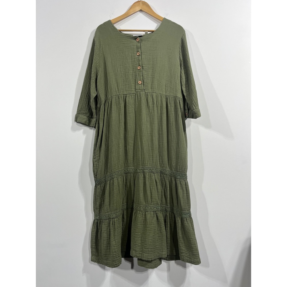 National Gauze Tiered Midi Dress Crochet Lace Womens Large Peasant Cottagecore